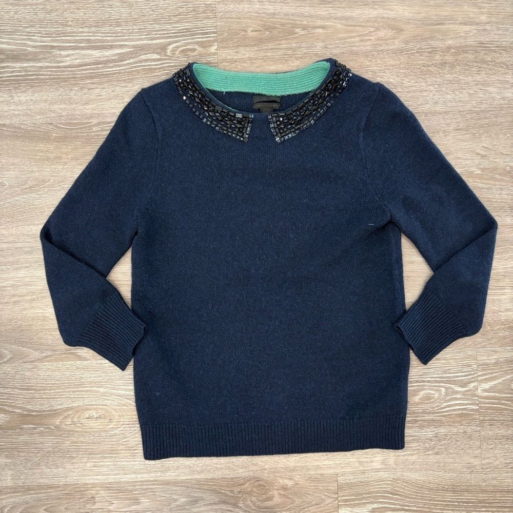 J. Crew Cashmere Beaded Collar sweater Navy Blue sz S
